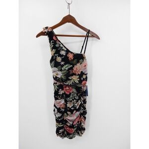 ANTHROPOLOGIE Majorelle Floral Mesh One Shoulder Ruched Mini Dress Black XS NWT